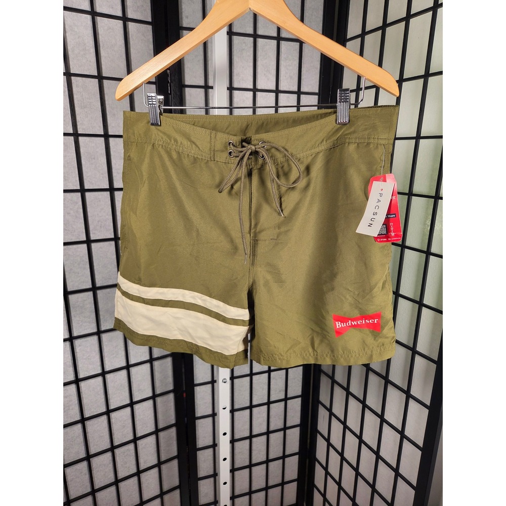 PacSun Budweiser Mens Board Shorts Olive Green Swim Trunks Size 32 NWT